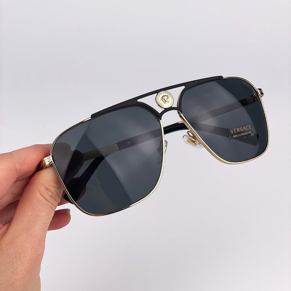 Versace VE2238 143687 Sunglasses Gold Black Gray Rectangle Metal Men